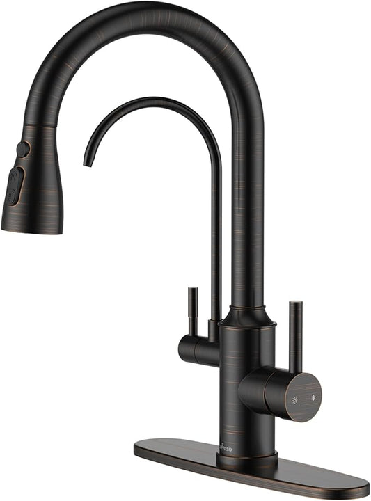 APPASO Kitchen Faucet with Water Filter, Without Water Filtration Device, Oil Rubbed Bronze 3-in-1 Kitchen Sink Faucet, High Arch 2-Handle 3-Way Kitchen Faucet with Pull-Down Sprayer