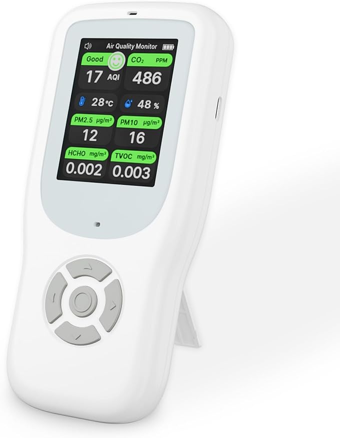 11-in-1 Air Quality Monitor - Portable Indoor Air Quality Detector with Stand, Real-Time Test for AQI, CO2, PM2.5, PM1.0, PM10, TVOC, HCHO, Particles, Temperature & Humidity with Aler (White-Black)