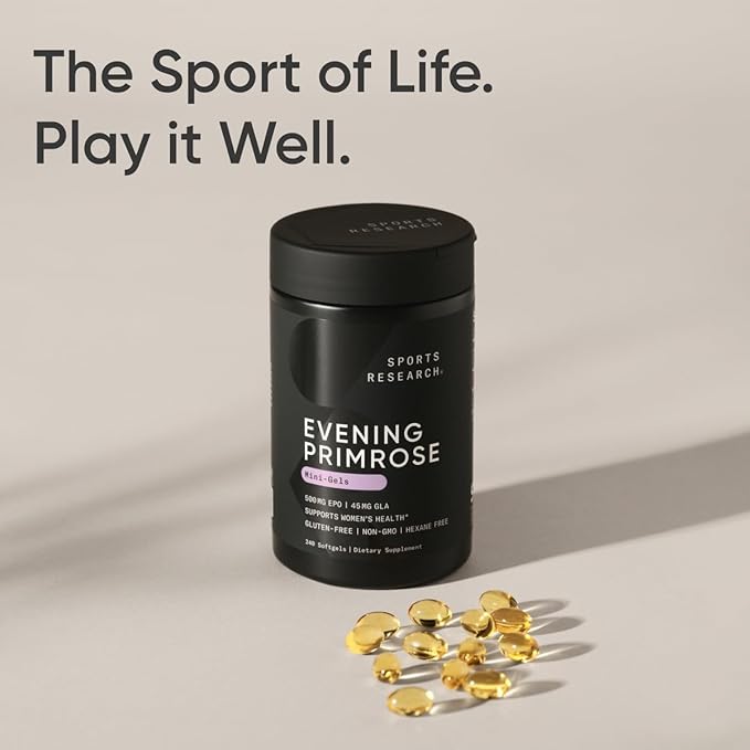 Sports Research Evening Primrose Oil (500mg) Cold-Pressed with No fillers or Artificial Ingredients, Non-GMO Tested - Gluten & Soy Free (240 Liquid Softgels)