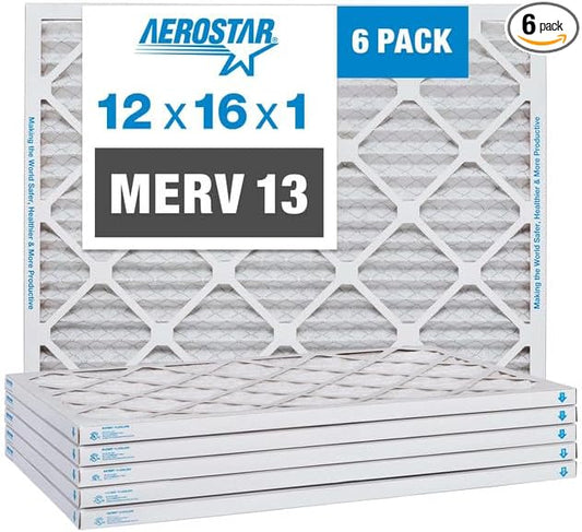 Aerostar 12x16x1 Air Filter MERV 13 (For Allergies, Dust, Lint, Mold, Pet Dander, Smoke, Smog & Bacteria) - Electrostatic MPR 1500-1900 & FPR 10 - Pleated HVAC AC Furnace Air Filters - Pack of 6