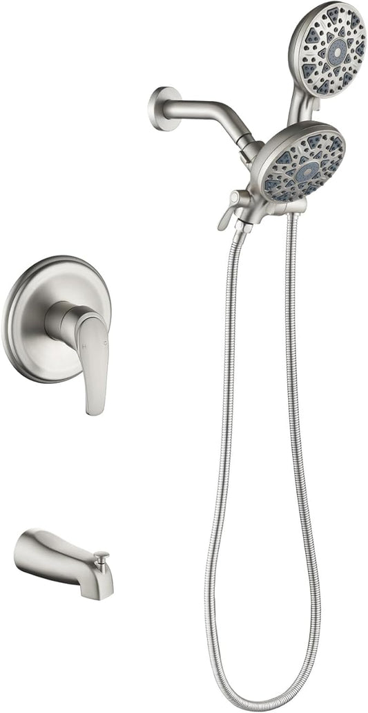 Tub and Shower Faucet Set Complete Dual Shower Head and Handheld 2 in 1 Combo Set Shower System with Tub Spout Tub and Shower Trim Kit Brushed Nickel