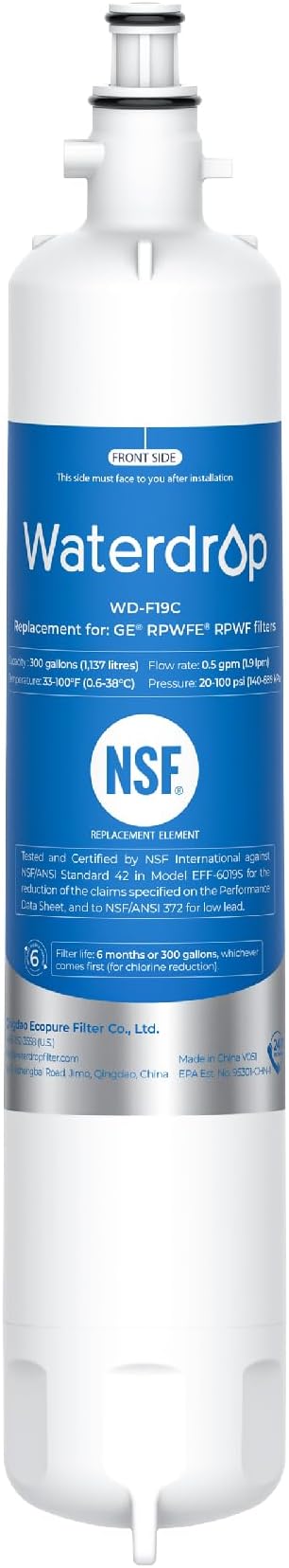 Waterdrop WD-F19C Replacement for GE® RPWFE®, RPWF (with CHIP) Refrigerator Water Filter, Compatible with GFE28GBLTS, GFE28GGKBB, GFE28GSKSS, PFE28KSKSS, PFE28KMKES, Package May Vary