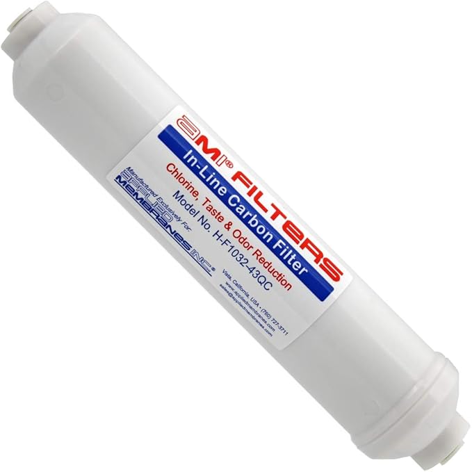 Inline Carbon Water Filter | 10" Length | 1/4" Quick Connect In/Out (1/4" QC) | For Chlorine Taste & Odor or Post Filter for Home RO | RO Stage 5 Polishing Filter