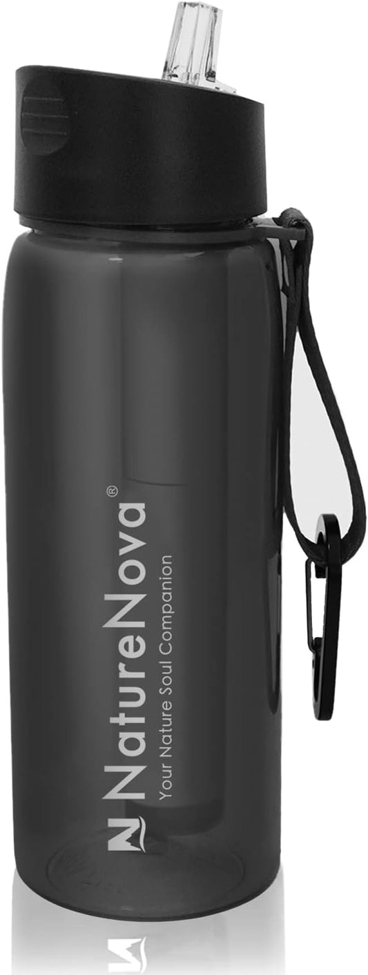Water Filter Bottle with 4-Stage Integrated Filter Straw BPA Free for Camping, Hiking, Backpacking, Emergency and Travel, Black 650ml