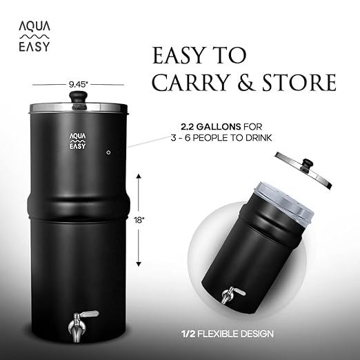 AquaEasy NSF/ANSI 372 Certified Stainless Steel Gravity Water Filter System (2.25 Gallon) 2X Activated Carbon Filter, Stainless Steel Tap and Wooden Stand | Countertop Water Filtration System (Black)