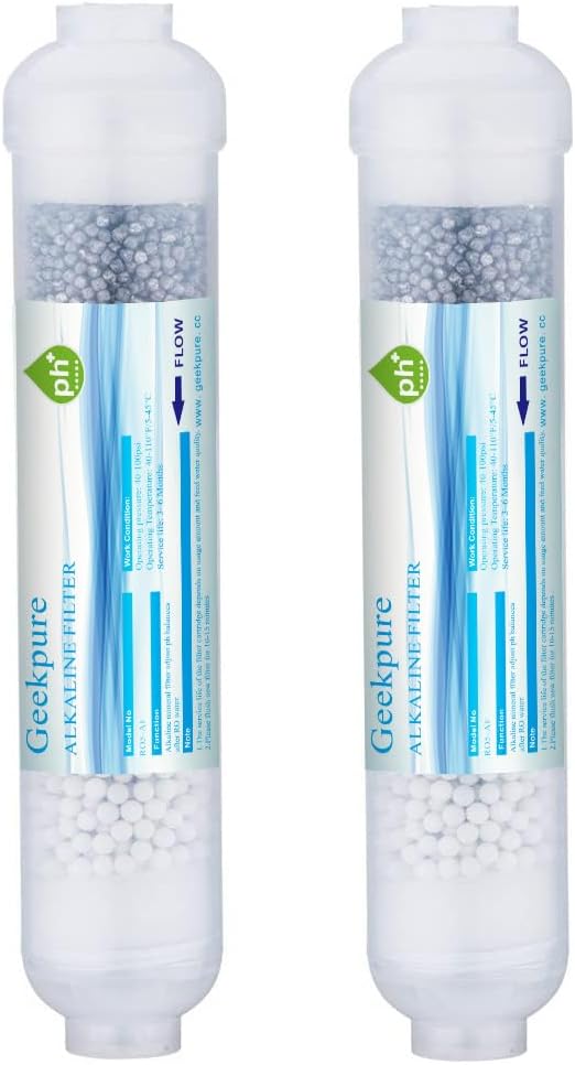 Geekpure 10 inch Inline Alkaline Replacement Water Filter Cartridge pH+ for Reverse Osmosis System -1/4”Thread-Pack 2