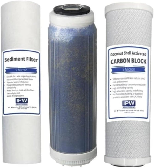 IPW Industries Inc. Reverse Osmosis Deionization (RODI) 10" Replacement Filter Kit (Sediment Cartridge, Carbon Cartridge, Color Indicating DI Cartridge Filled with MBD-30 Nuclear Grade Resin