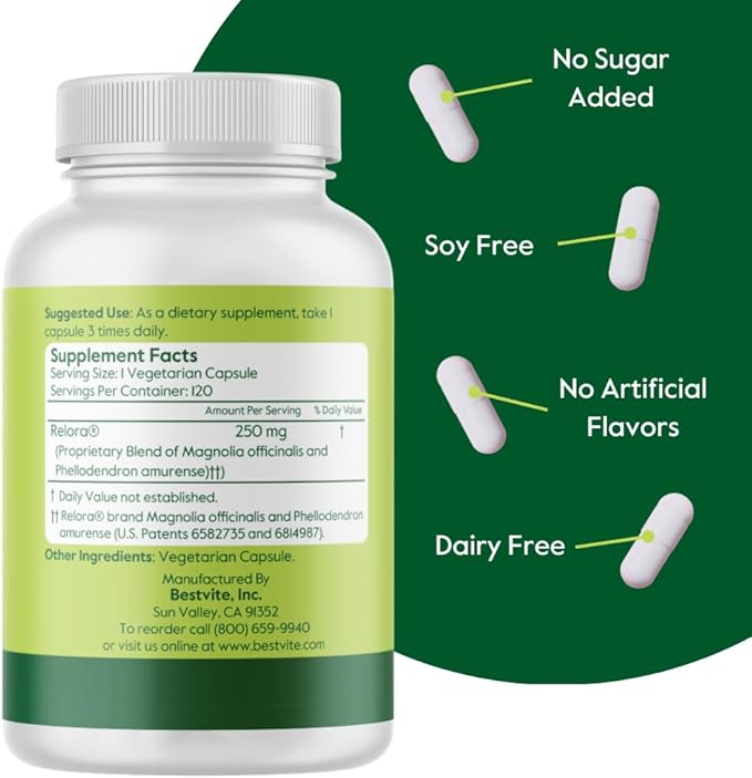 BESTVITE Filler-Free Relora 250mg (120 Vegetarian Capsules) – Clinically Researched – No Stearates – Vegan – No Fillers – Supports The Management of Occasional Stress*
