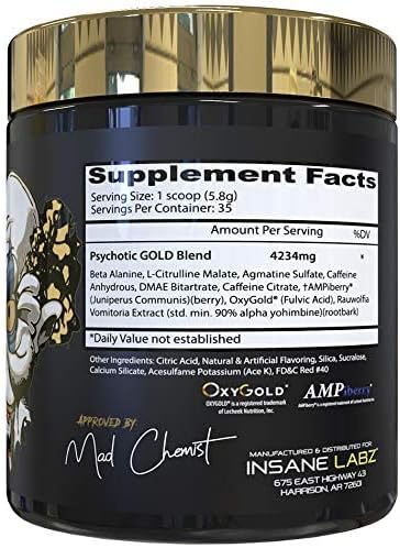 Insane Labz Psychotic Gold, High Stimulant Pre Workout Powder, Extreme Lasting Energy Focus, Pumps and Endurance with Beta Alanine, DMAE Bitartrate, NO Booster (35 Servings, Cherry Bomb)