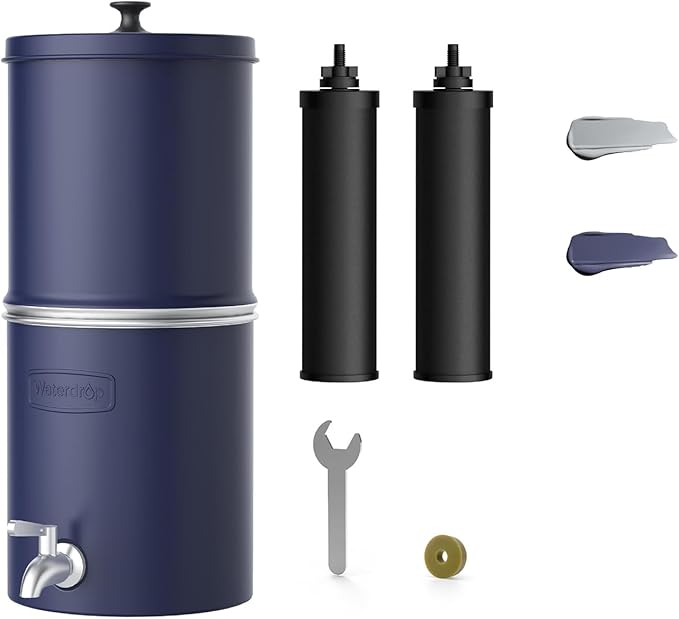 Waterdrop 2.25G Gravity Water Filter System, NSF/ANSI 42&372 Standard, Stainless Steel System with 2 Carbon Filters, Reduces 99% of Lead and Chlorine for Home, Camping, Emergencies, King Tank, Blue