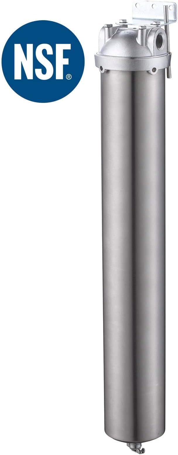 Amwater NSF/ANSI 42 Stainless Steel Whole House Water Filter Housing, 20" x 2.5" Sediment Water Filter System for Heavy Duty, Well & City Water, 1" NPT Port, Drain Valve Style A