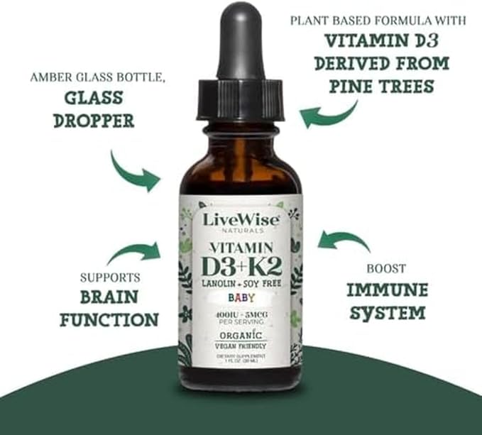 LiveWise Naturals – Baby D3-K2 Liquid Drops, Promotes Brain Development, Bone Health, and Overall Wellness for Kids and Toddlers, Glass Bottles and Droppers, D3 Sourced from Pine Trees