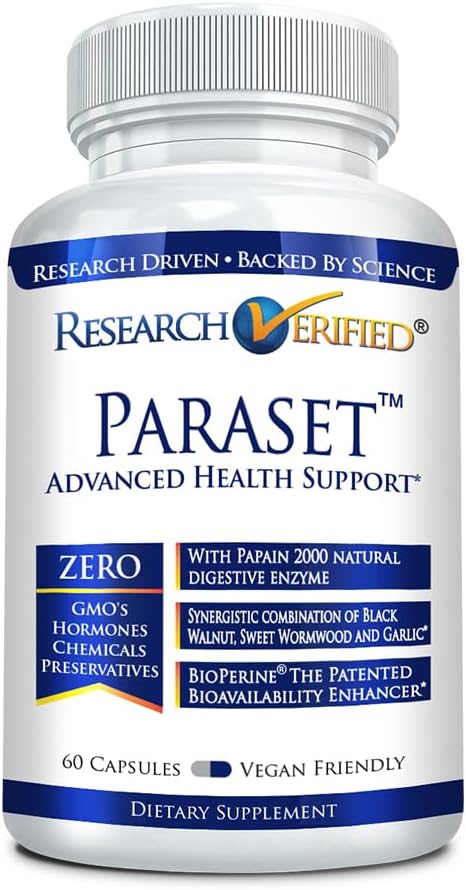 Research Verified Paraset - 60 Capsules - Natural Gut Health Enhancer - Garlic Bulb, Papain, Sweet Wormwood, Black Walnut, BioPerine - Vegan