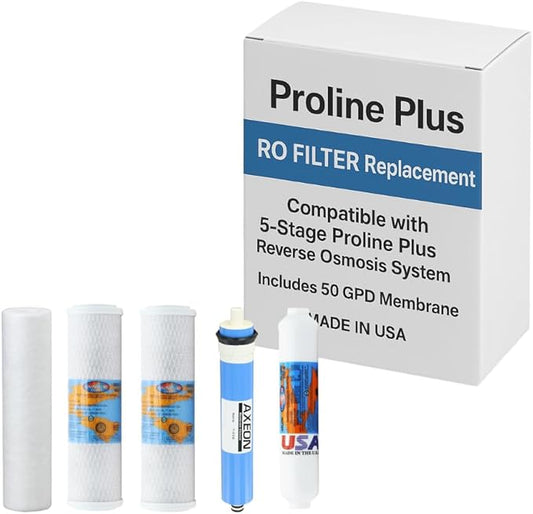 Proline Plus Filter Replacement - Water Cartridge Kit Compatible with Proline Plus Reverse Osmosis System 5-Stages, Includes 50 GPD RO Membrane, Made in USA