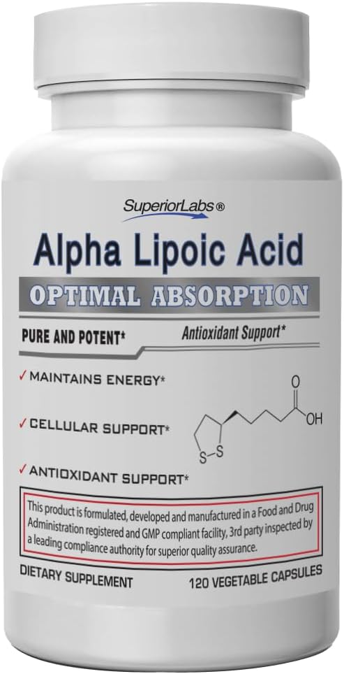 Superior Labs Alpha Lipoic Acid 600 mg Capsules, Pure Non-GMO ALA, High Absorption, Nerve Support, Healthy Circulation and Nerve Response, Healthy Aging Antioxidant, 120 Veg Caps, 4-Month Supply