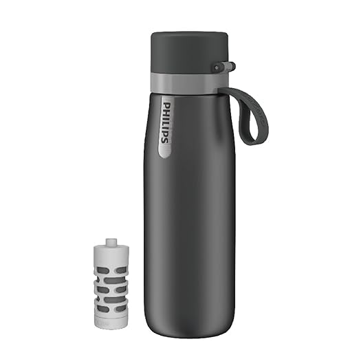 PHILIPS Water Bottle with Filter, Filter Water Bottle Stainless Steel with GoZero Everyday BPA-Free Tap Water Filter, Water Filter Bottle Keep Drink Cold 24 Hours, 1 Filter for 40 gal / 2 Months