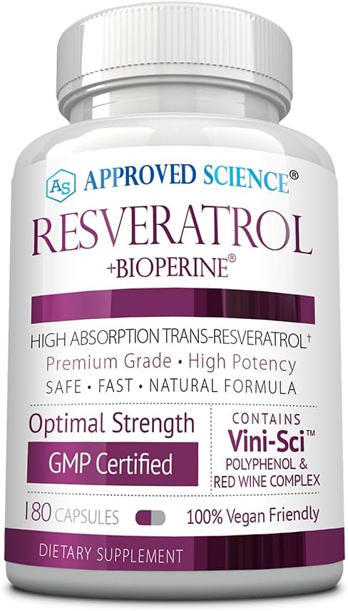Approved Science® Resveratrol - 1000 mg of Trans Resveratrol - 250 mg of Polyphenol - 98% Purity Level - Includes Bioperine® - 180 Vegan Friendly Capsules - 1 Bottle