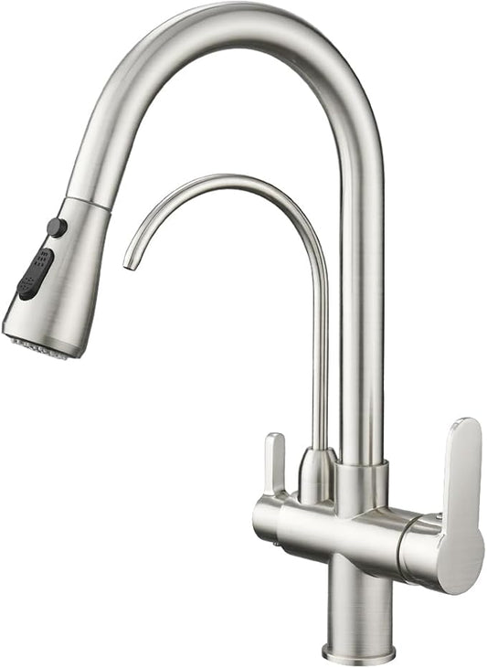 WANFAN Kitchen Sink Faucet with Pull Down Sprayer 2 Handle 3 in 1 Water Filter Purifier Faucets Brushed Nickel 0195SN