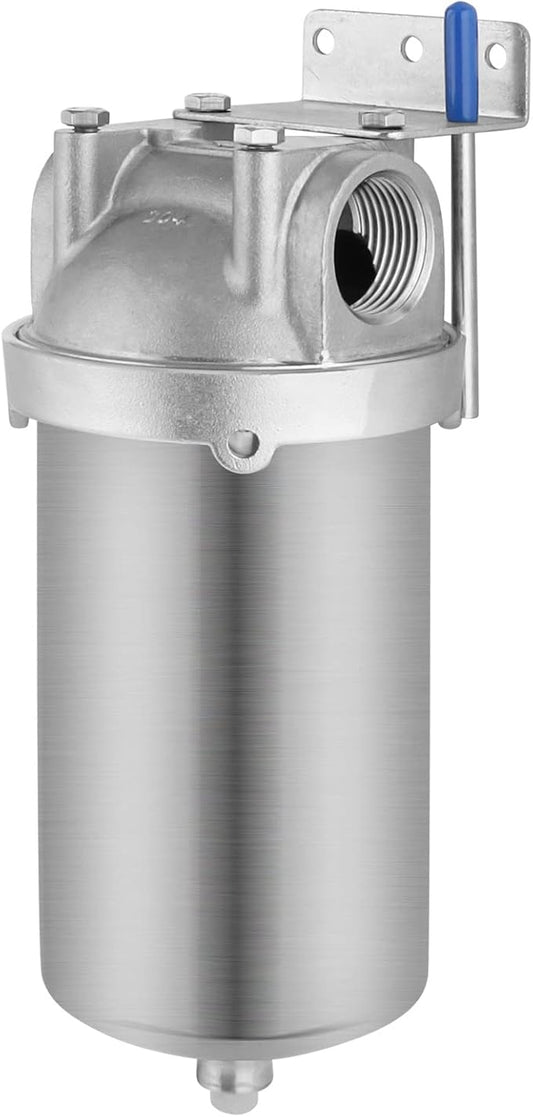Amwater NSF/ANSI 42 Stainless Steel Whole House Water Filter Housing, 5" x 2.5" Sediment Water Filter System for Heavy Duty, Well & City Water, 1/2" NPT Port, Drain Valve Style C