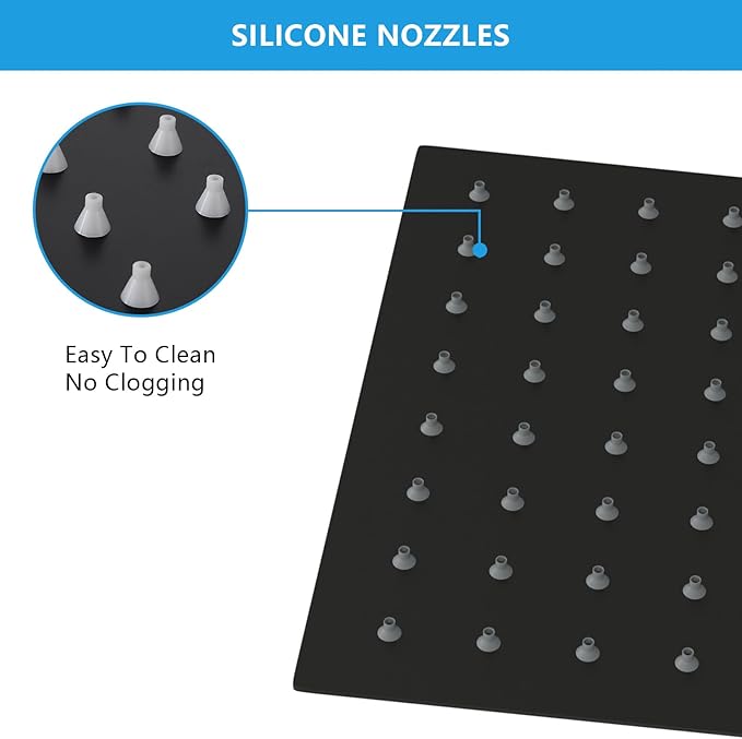 Lordear Black Shower Head 6 Inch Rainfall Black Shower Head Square Solid Ultra Thin 304 Stainless Steel Fixed Rain Shower Head with Self Cleaning Nozzles