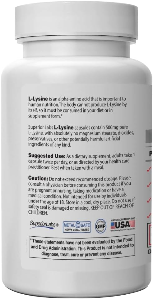 Superior Labs L-Lysine 500 mg Capsules, Pure Non-GMO, Third-Party Tested, No Fillers, Gluten Free, Supports Immune System, Promotes Calcium Absorption, 120 Caps