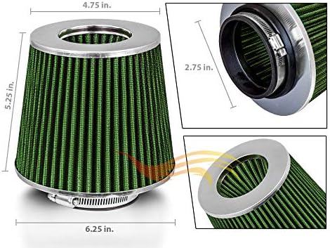GREEN 2.75" 70 mm Inlet Cold Air Intake Cone Replacement Performance Washable Clamp-On Dry Air Filter