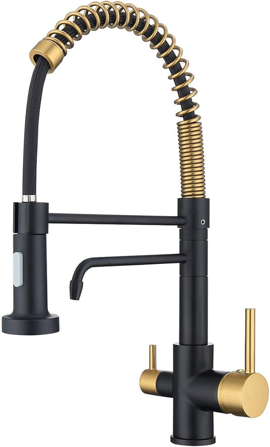 3 Way Kitchen Faucet, Drinking Water Faucet, Filter Kitchen Faucet for Water Filtration System, 3 in 1 Commercial Style Pull-Down 2 Handles, Black and Brushed Gold
