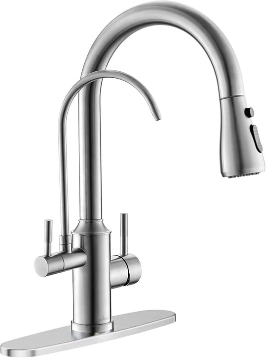 APPASO Kitchen Faucet with Water Filter, Pull Out 3 Way Sink Faucets with Sprayer, High Arch 2 Handle Faucet - 2 in 1 Faucets Brushed Nickel, Without Water Filtration Device