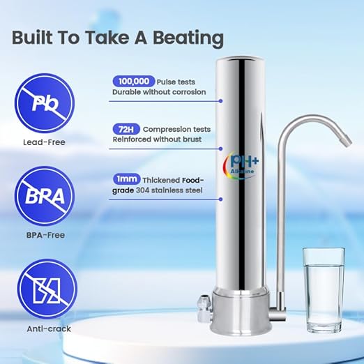 Satinless Steel Countertop Water Filter System, 5-Stage Alkaline Water Filter, 8000 Gallons Faucet with 1 Washable Ceramic Filter (BY-10P-M12)