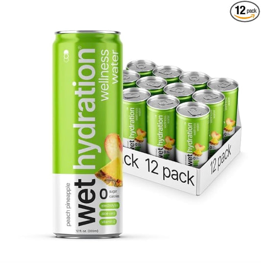 Wet Hydration, Zero Calorie, Functional Wellness Water - Peach Pineapple (12 Ounce Cans, Pack of 12) - Flavored Water, Hydration Drink, No Sugar, No Artificial Ingredients, Zero Calories (Packaging May Vary)