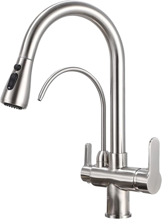 HUAHUALALA Kitchen Sink Faucet with Pull Down Sprayer 2 Handle 3 in 1 Water Filter Purifier Faucets, Brass Drinking Water Faucet Reverse Osmosis Brushed Nickel