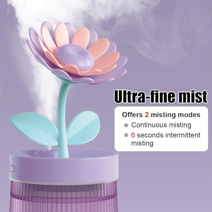 Flower Mist Humidifier, 260ML Mini Desk Humidifier 2 Misting Modes Auto-Off Portable Humidifier with Colorful Light for Car Office Home Bedroom