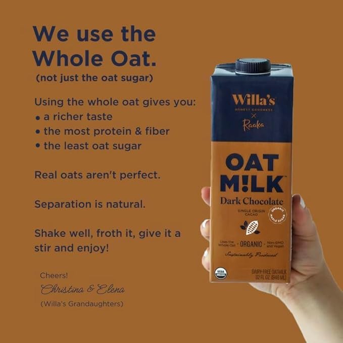 Willa's Organic Oat Milk - Chocolate Unsweetened Cacao Oatmilk, Non-GMO, Shelf Stable, Low Sugar, Non-Dairy Milk, Made from Whole Grain Oats, No Oil, No Gums, 32 Oz - Pack of 6