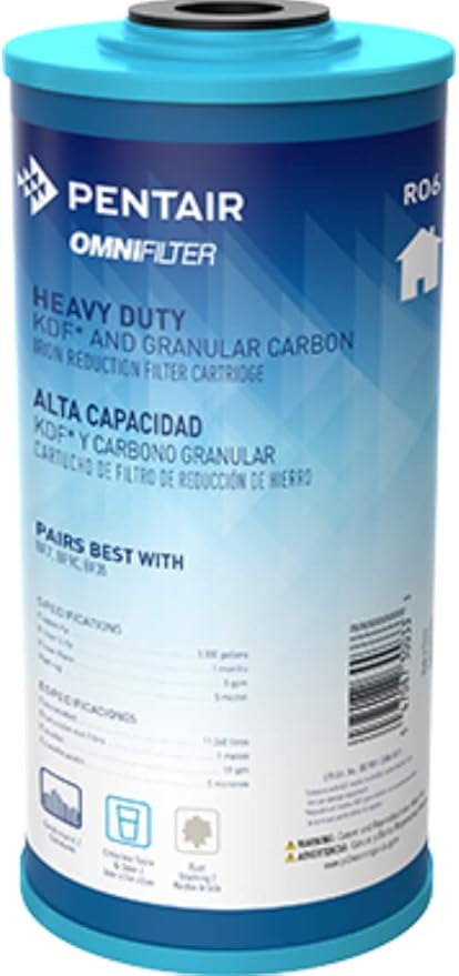 Pentair OMNIFilter RO6 Carbon Water Filter, 10-Inch, Whole House Heavy Duty Big Blue KDF and Granular Carbon Iron Reduction Replacement Cartridge, 10" x 4.5", 5 Micron, Blue