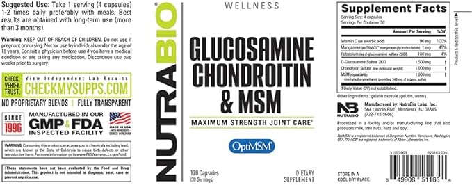 NutraBio Glucosamine Chondroitin & OptiMSM Supplement, Joint Support Formula - 120 Capsules (120 Count)