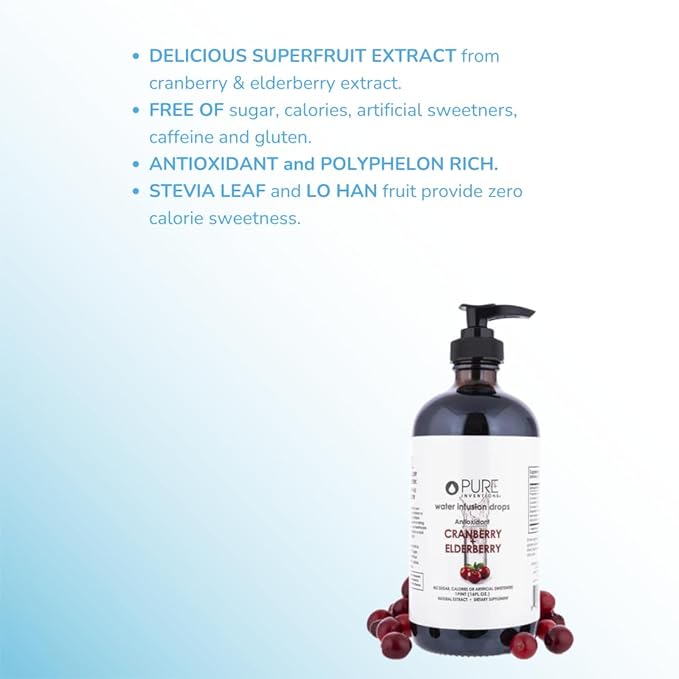 Pure Inventions - Cranberry & Elderberry Water Infusion Drops - Antioxidants & Electrolytes -Health & Wellness Drink -Immunity Support -Sugar Free, Zero Calorie, No Artificial Sweeteners -500 Servings
