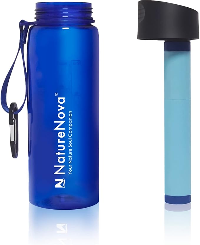 Water Filter Bottle with 4-Stage Integrated Filter Straw BPA Free for Camping, Hiking, Backpacking, Emergency and Travel, Black 650ml