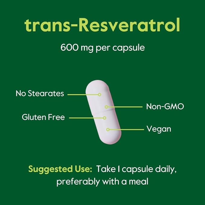 BESTVITE Resveratrol 600mg (60 Vegetarian Capsules) - 98% Pure Trans-Resveratrol - No Stearates- Vegan - Gluten Free - Non GMO