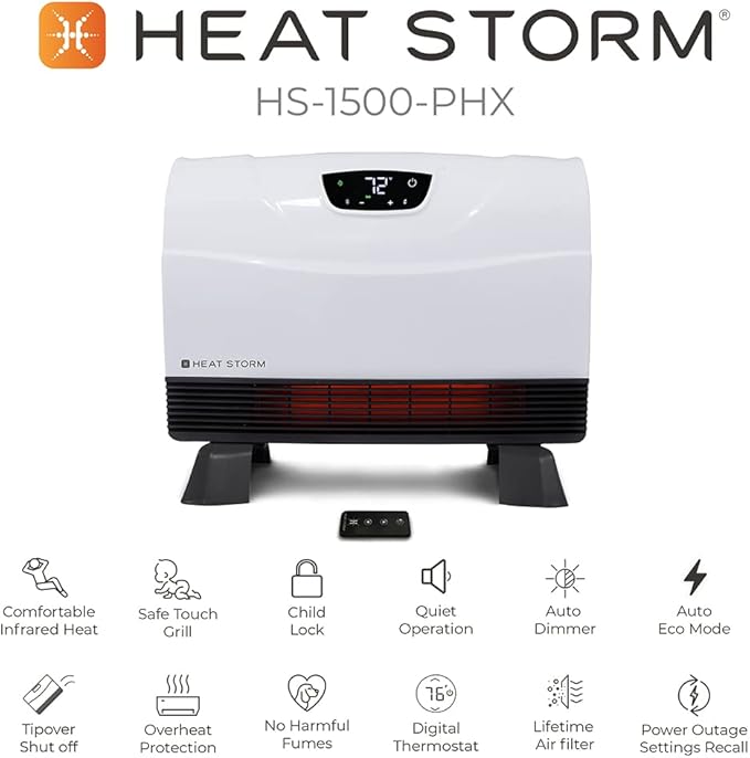 Heat Storm Phoenix Infrared Space Heater with Attachable Feet, Remote Control, Energy Efficient-750-1500 Watts, White Floor or Wall - HS-1500-PHX