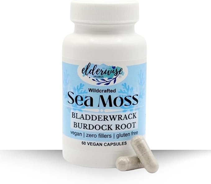 Elderwise Organics Sea Moss Capsules - Sea Moss with Burdockroot & Bladderwrack - Superfood Supplement with Raw Sea Moss - 60 Vegan Capsules - 30 Day Supply - Dosage 2 a Day - 1400 mg
