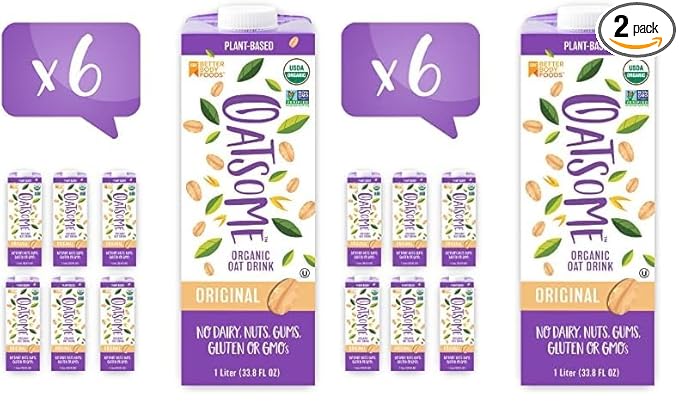 Oatsome Organic Oat Milk, 1-Liter Cartons, 6 Count, Regular, 202.86 Fl Oz (Pack of 2)