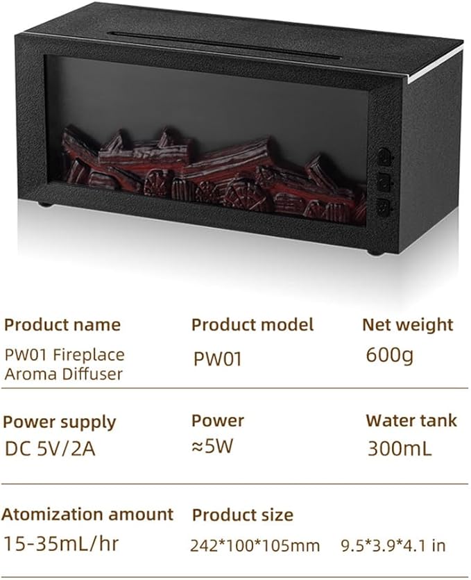 Fireplace Flame Diffuser & Humidifier – Ultrasonic Essential Oil Mist Maker with Remote, 7-Color LED Light, Bonfire Atmosphere for Home, Bedroom, Office (Black)