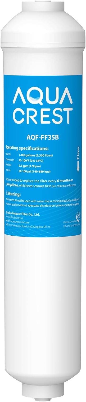 AQUA CREST GXRTDR Inline Water Filter, Replacement for GE® GXRTDR, Samsung DA29-10105J, Culligan IC-100A， Whirlpool WHKF-IMTO, Reduces Chlorine, Fluoride