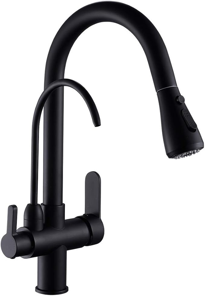 WANFAN Kitchen Sink Faucet with Pull Down Sprayer 2 Handle 3 in 1 Water Filter Purifier Faucets Black 0195R
