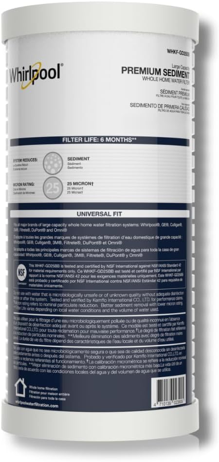 Whirlpool 10" x 4.5" Whole House Large Capacity Sediment Filter WHKF-GD25BB, NSF Certified 25 Micron Filtration, 6-Month Life, Replacement Cartridge Fits Most Home Standard Filter Housings