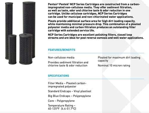 Pentair Pentek NCP-BB Big Blue Carbon Water Filter, 10-Inch, Whole House Non-Cellulose Carbon Impregnated Pleated Filter Cartridge, 10" x 4.5", 10 Micron