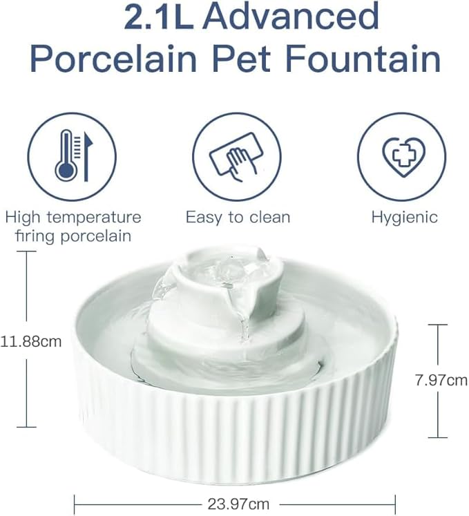 2.1L Ceramic Cat Water Fountain-for Cats and Dogs, 360 Ceramic Pet Fountain-70 Oz Large Water Capacity - Whisper-Quiet Water Flow-Great for Shy or Timid Pets - Fresh, Filtered Water(White)