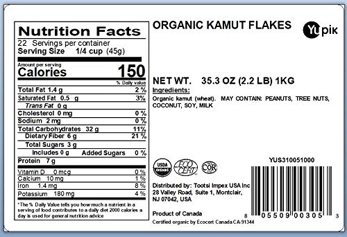 Yupik Organic Kamut Flakes, 2.2 lb (35.2 oz), Non-GMO, Kosher, Vegan, Made from Raw Whole Grains, Steamed, Rolled, & Lightly Roasted Flakes, Source of Fiber & Iron, Ideal for Cooking & Baking