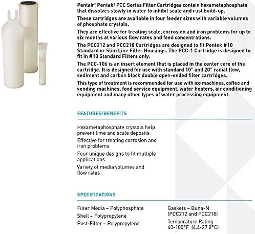 Pentair Pentek PCC212 Phosphate Water Filter, 10-Inch, Under Sink Hexametaphosphate Crystal Replacement Cartridge, Fits #10 Standard and #10 Slim Line Filter Housing