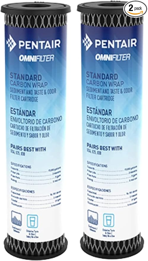 Pentair OMNIFilter TO1 Carbon Water Filter, 10-Inch, Standard Whole House Carbon Wrap Sediment and Taste & Odor Replacement Filter Cartridge, 10" x 2.5", 5 Micron, Pack of 2